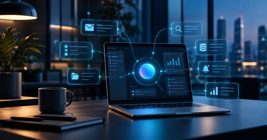 Portátil con agente de inteligencia artificial conectado a correo, tareas, carpetas, datos, alertas y analítica