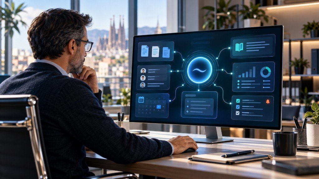 Profesional usando un panel de asistente de inteligencia artificial con documentos, equipo y tareas