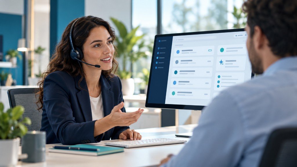 Atención al cliente asistida por inteligencia artificial: persona con auriculares explicando el panel al equipo
