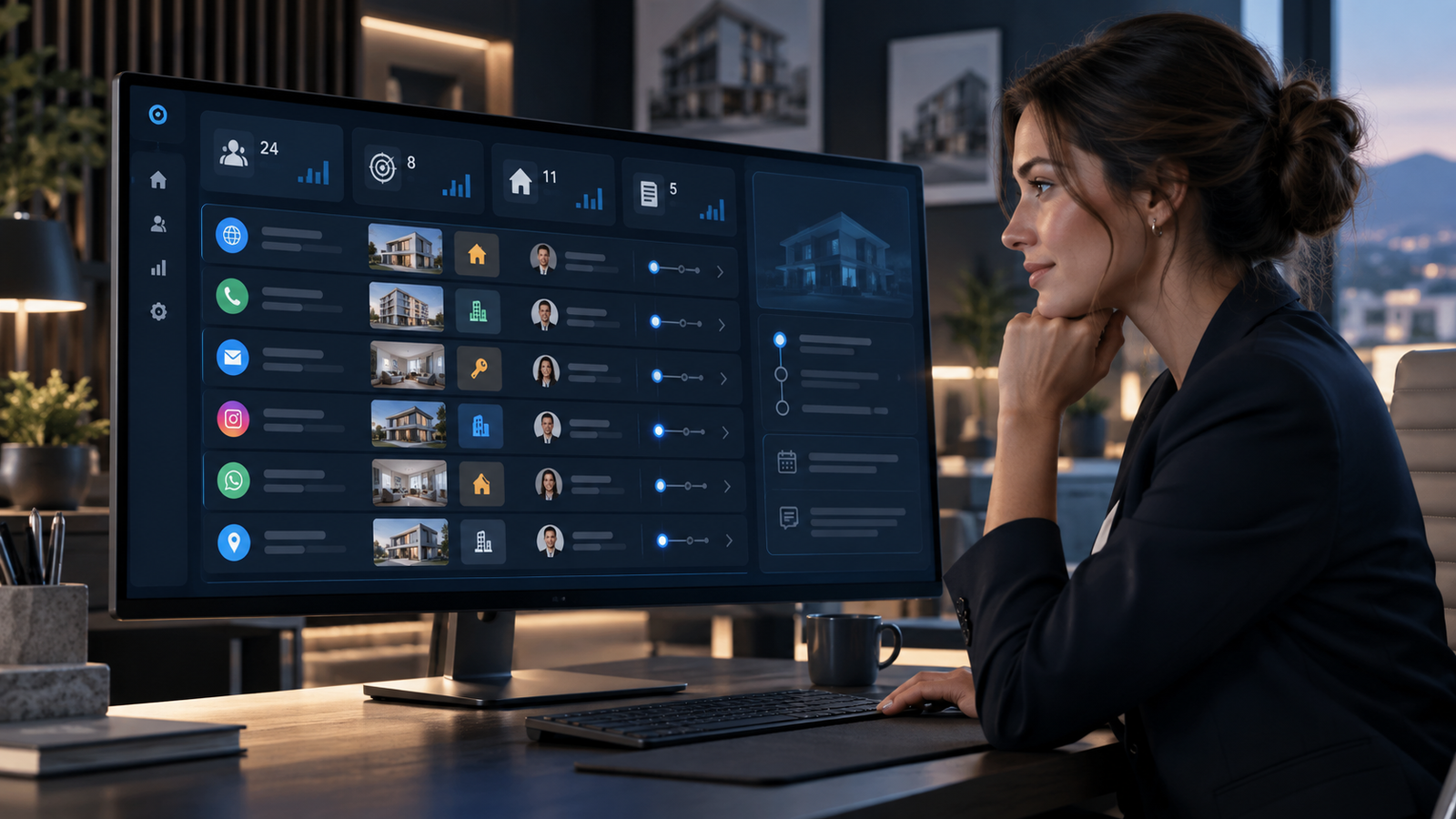 Panel de gestión de leads inmobiliarios con origen, tipo de operación, responsable y siguiente paso