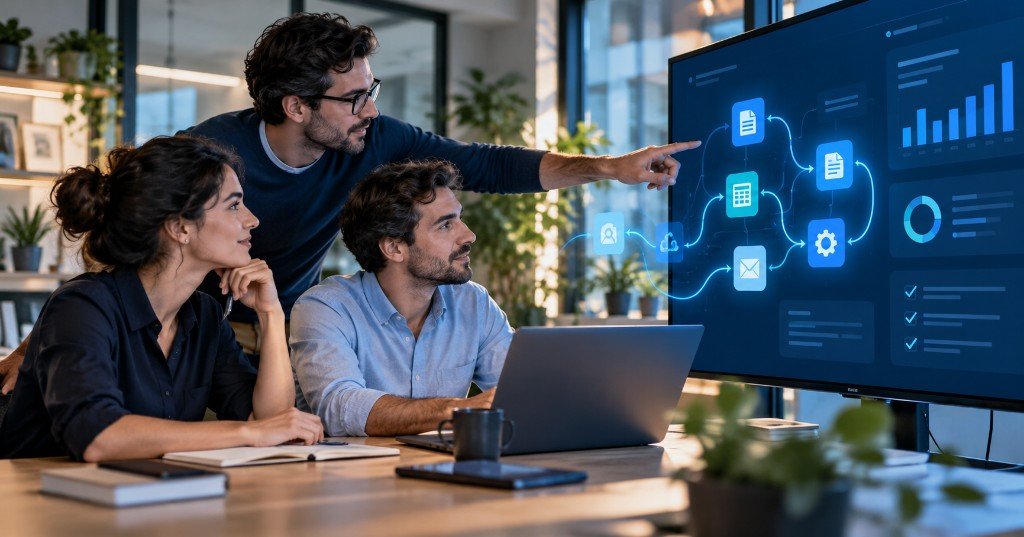 Equipo de pyme analizando juntos un panel de automatización de procesos con inteligencia artificial