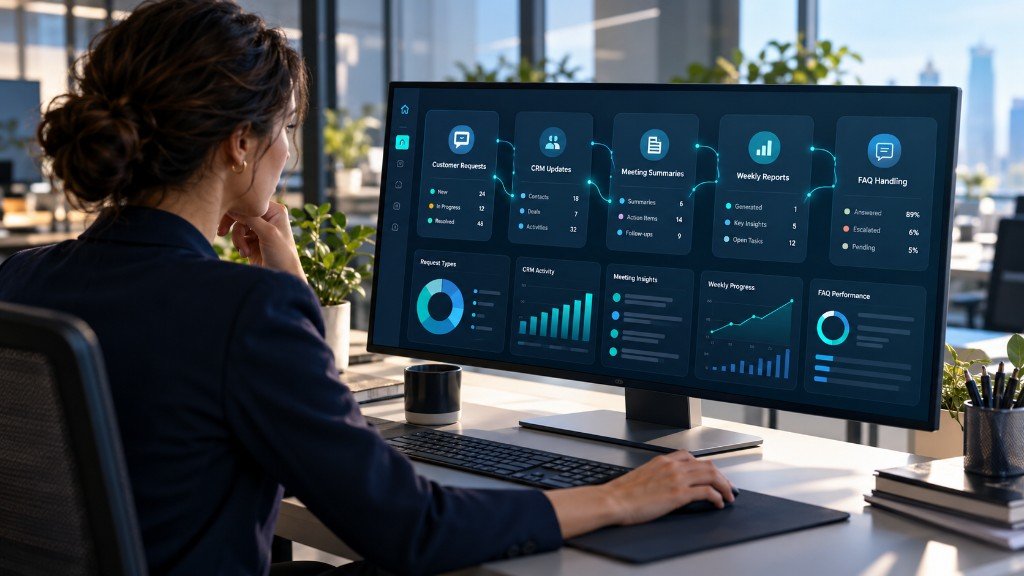 Panel con ejemplos de IA por área: solicitudes de clientes, CRM, resúmenes, informes y FAQ