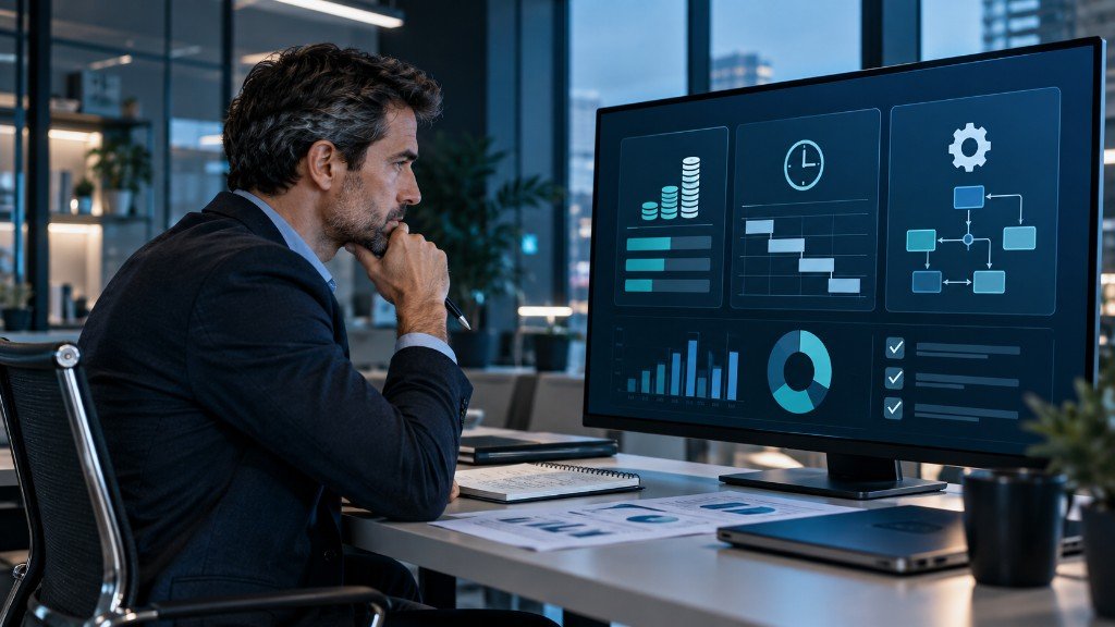 Directivo revisando retorno, tiempo y procesos para decidir si invertir en inteligencia artificial