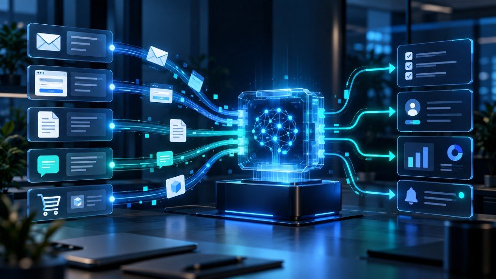 Flujo de entradas de negocio hacia un núcleo de inteligencia artificial y salidas en tareas, CRM, analítica y alertas