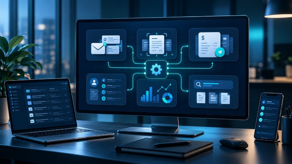 Escritorio con panel central de automatización conectado a correo, documentos, finanzas, equipo y analítica