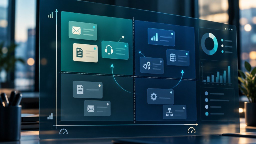 Panel de priorización con cuatro cuadrantes y flujos entre correo, soporte, datos y procesos automatizados