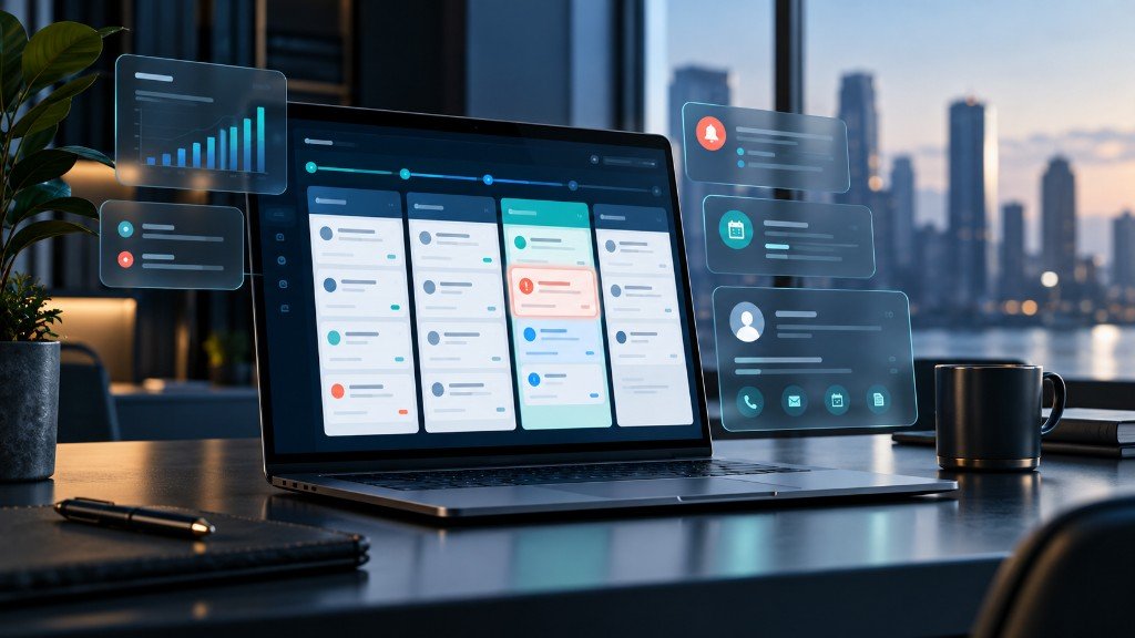 Tablero de seguimiento comercial con alerta prioritaria, calendario y ficha de contacto