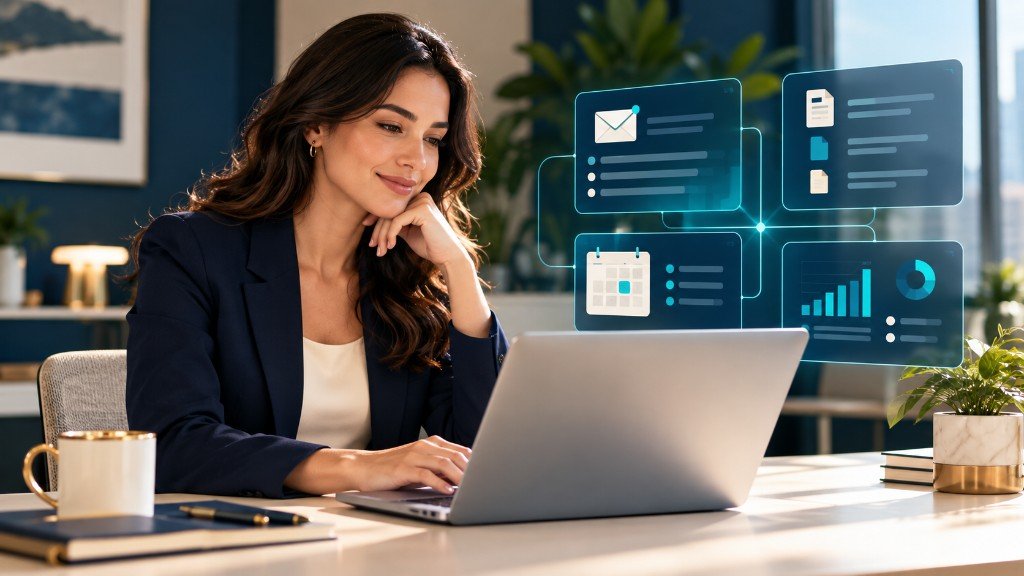 Panel holográfico de tareas administrativas automatizadas: correo, calendario, documentos y métricas